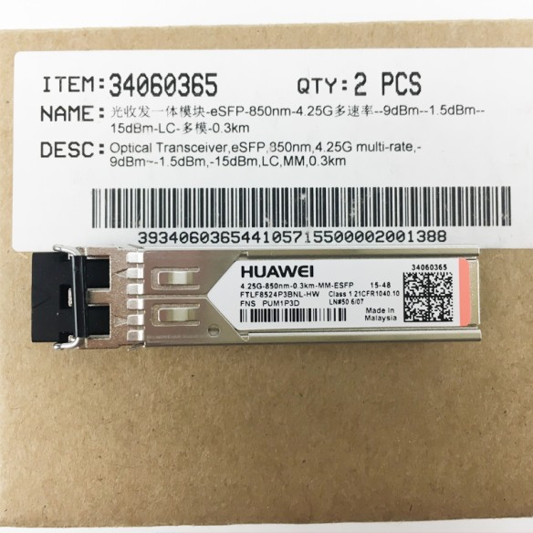 34060365 Huawei optical transceiver, eSFP, 850nm, 4.25G multi-rate, -9dBm~-1.5dBm, -15dBm, LC, MM, 0.3km