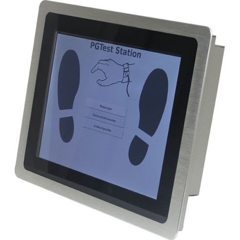 Station de test avec écran tactile et terminal de données intégré.