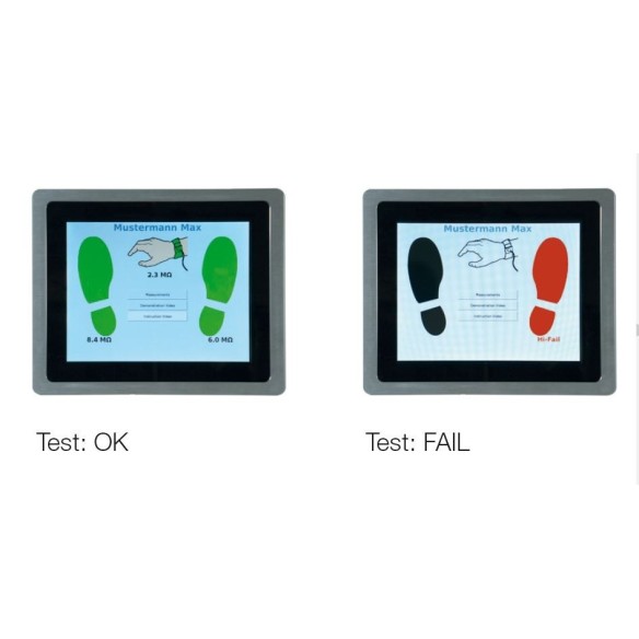 Station de test avec écran tactile et terminal de données intégré.